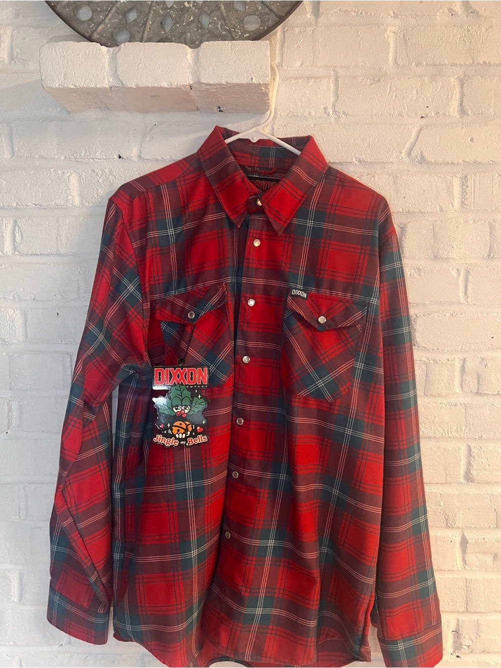 Christmas “Jingle Bell” DIXXON Red and Green Plaid Button-Down Shirt with Patch